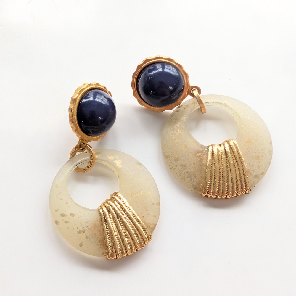 Vintage Estate Navy Cabochon Textured Rope Dangle Modernist Post Earrings